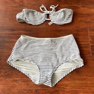 Solid & striped smocked high waisted & balconette bikini set